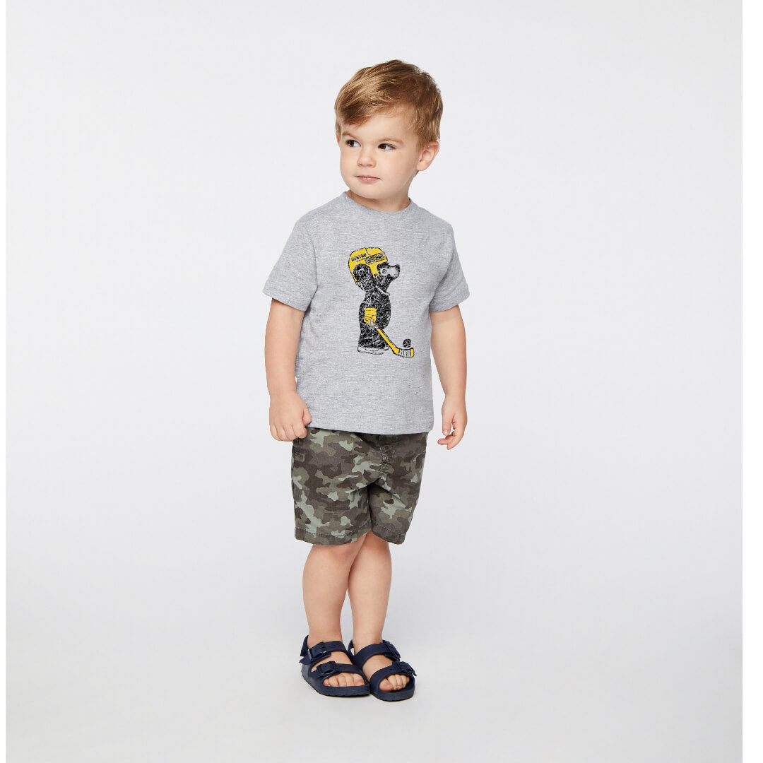 Toddler boy wearing cute Boston Bruins baby bear cub heather grey t-shirt